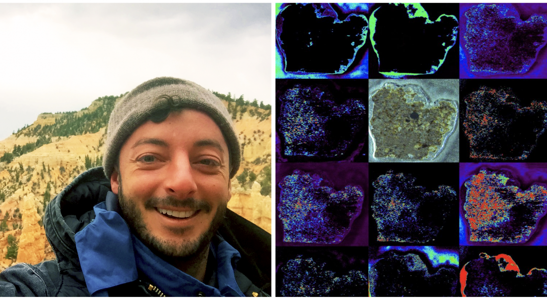 On the left, Michael (Joseph) Pasterski outside in a hat and coat with mountains in the background. On the right, Pasterski's image of research showing his work to analyze molecules in rocks.