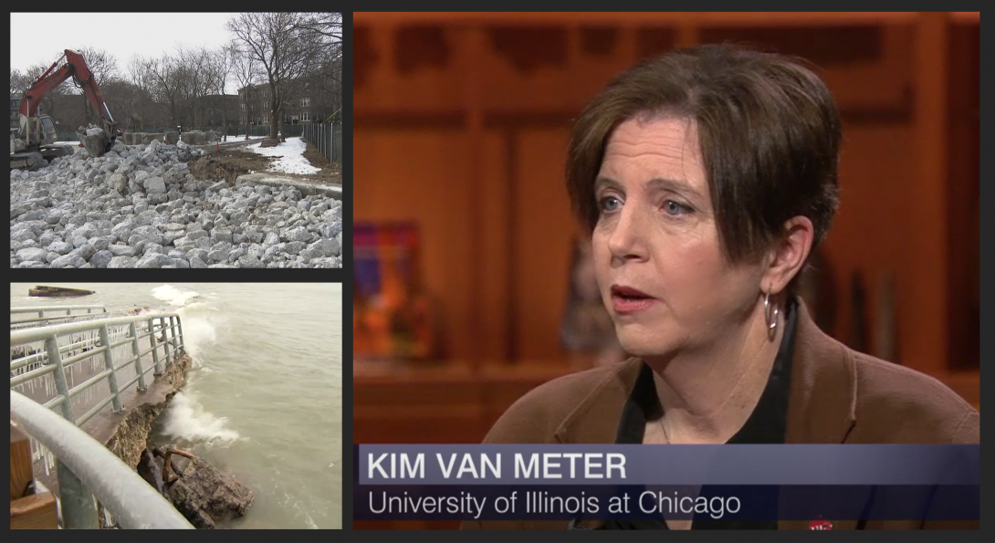 Rocks and boulders being placed on the lakefront to reduce erosion, broken sidewalk that has fallen into lake, headshot of Kim Van Meter