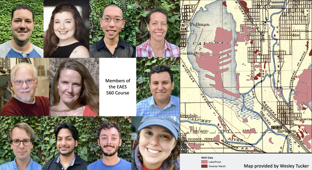 Portrait photos of students and professor along side a historic map with a modern overlay of Lake Calumet in Chicago