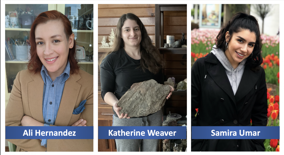 Three women geoscientists. Ali Hernandez, a reddish haired woman with a blue shirt and tan blazer, is on the left.  Katherine Weaver, a brown haired woman wearing a black shirt and holding a large rock sample, is in the middle. Samira Umar, a dark haired woman wearing a gray sweatshirt and dark coat, is on the right.