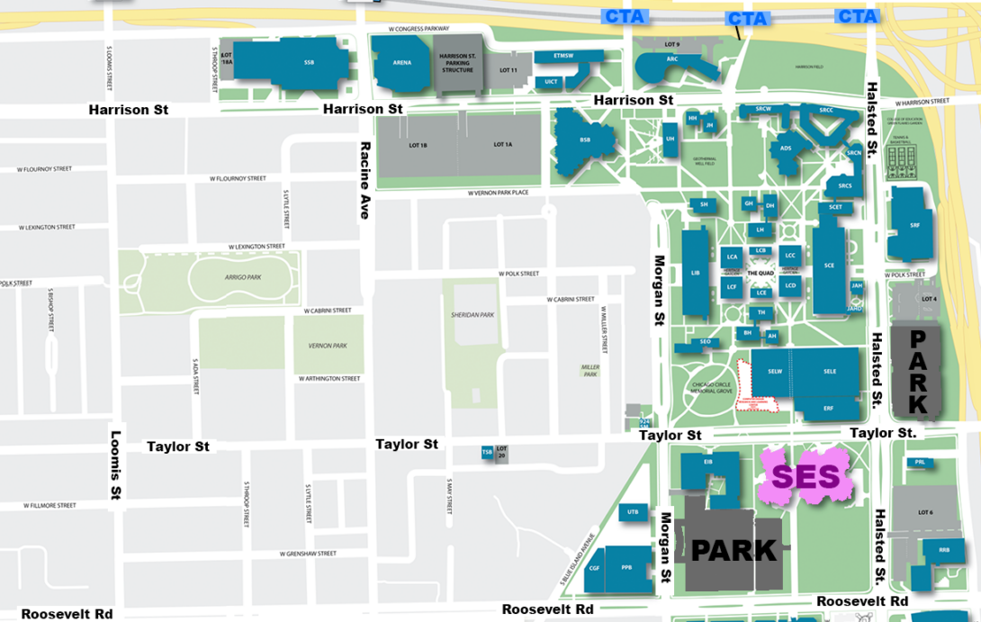 UIC campus map aerial view showing where the CTA, parking lots, and SES building are located.