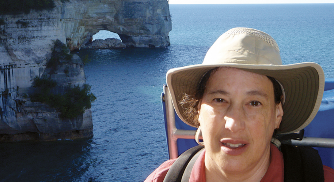 Collage of two photos. Left photo is a couple hiking in nature. They have large backpacks and are carrying hiking sticks.  Photo on the right is of a woman in front of a body of water. She is wearing a sun hat and a large backpack.